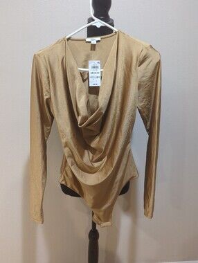 Bar III Women's Metallic Gold Cowl Neck Long Sleeve Bodysuit Size M NWT